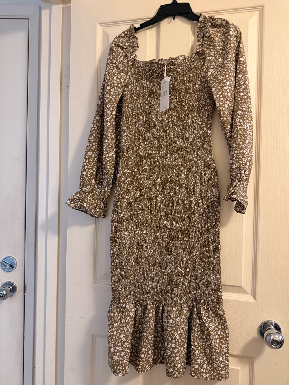 Square-Neck Smocked Midi Dress in Brown Floral